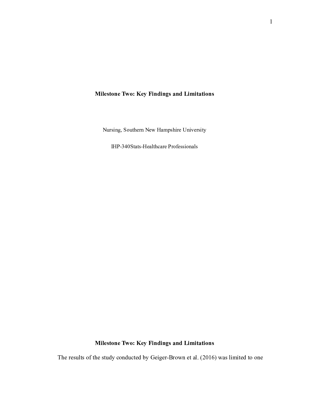 Preview image for IHP340 M5 M2KeyFindings|    Milestone Two: Key Findings and Limitations  Nursing, Sout